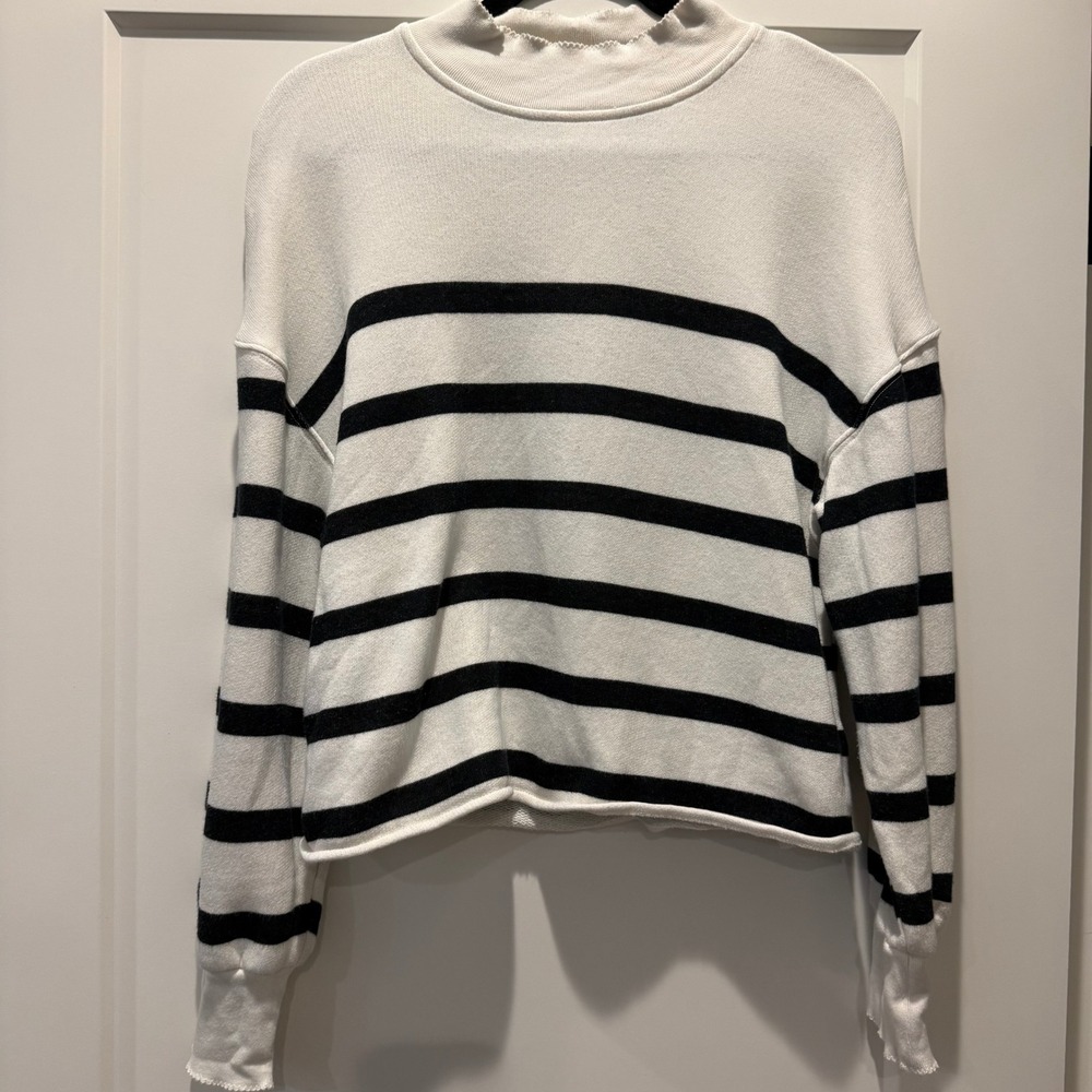 Classic Coastal J.Crew Striped Sweater M Black White Mock Neck Cotton Pullover